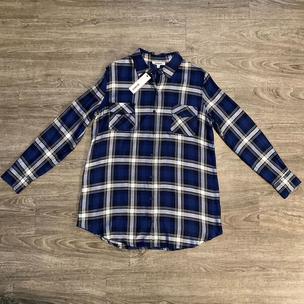 New BB Dakota Women's Blue White Plaid Button Up Top‎ Shirt Size Large BH304738